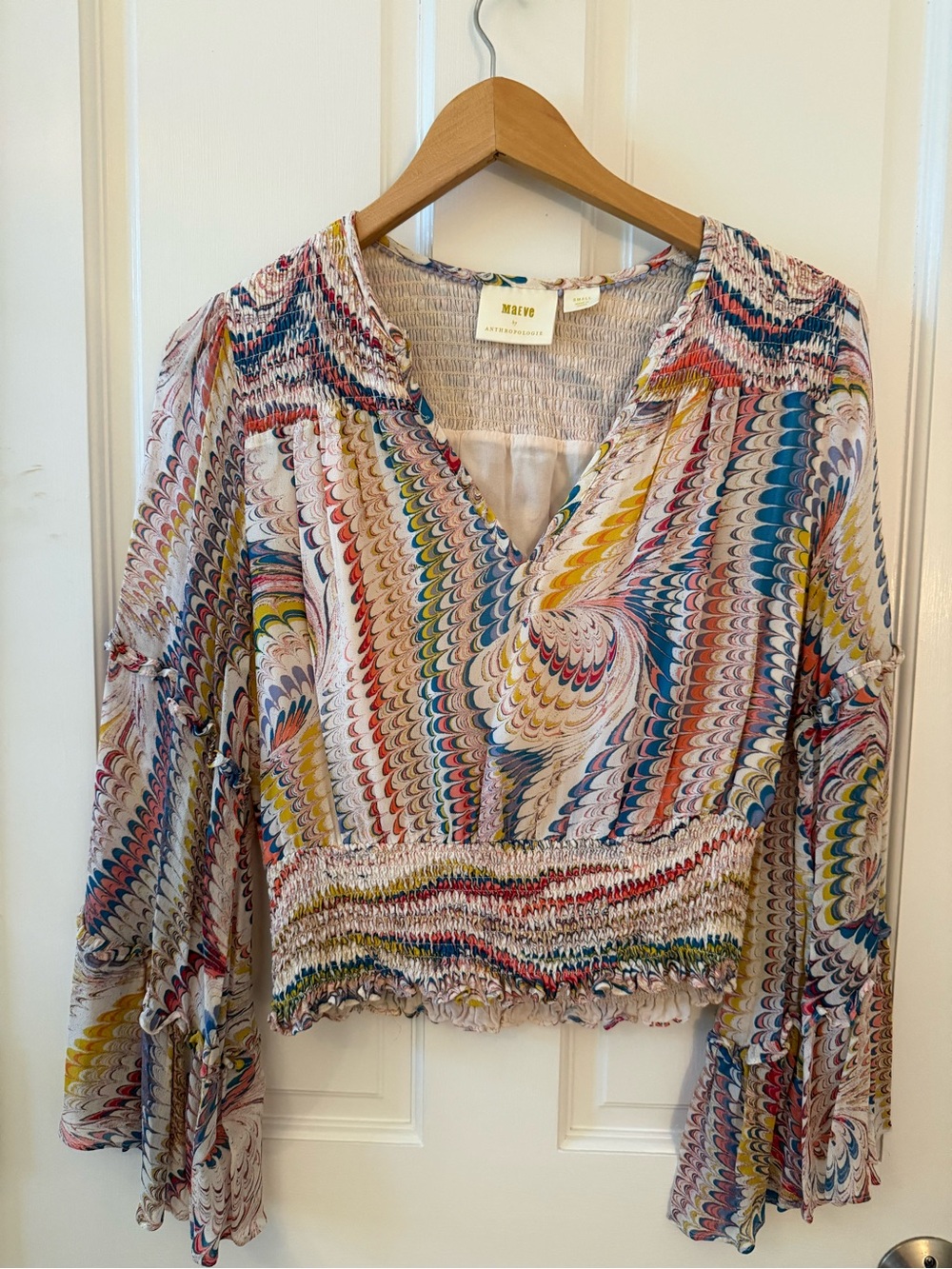 Anthropologie Maeve Multicolor Swirl Peasant Smocked-Hem Blouse
